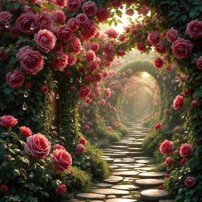 The primary subject of the image is a beautiful garden with a pathway surrounded by a variety of pink flowers. The setting is a lush, green garden with a stone pathway. The visual style is a combination of photo and digital art, creating a vibrant and colorful scene. The dominant colors are pink and green, giving the garden a serene and inviting atmosphere.